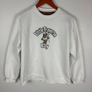 Kate Lord Little Traverse Bay Bear Fishing Embroidered Crewneck Sweatshirt White